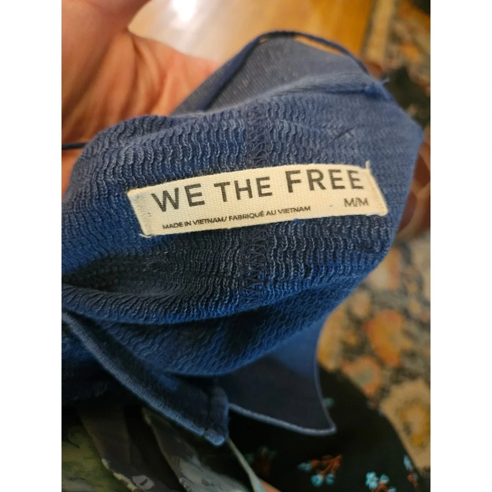 We The Free Free People Cropped Polo Shirt Blue Waffle‎ Knit Boxy Top L